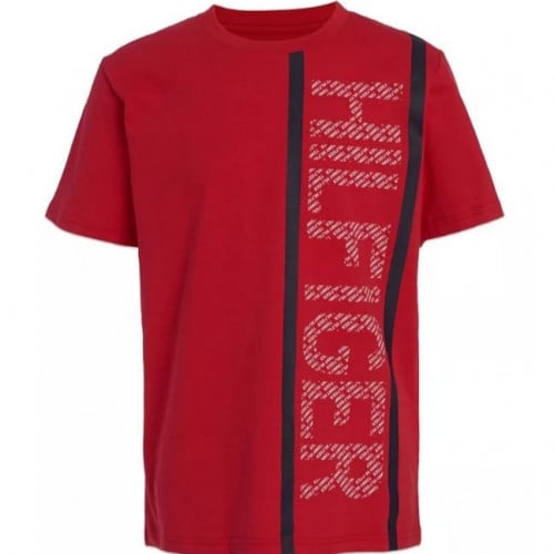 أولاد صغار تومي هيلفيغر تي شيرت بشعار عمودي احمر