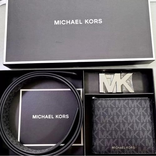 طقم محفظه مع حزام رجالي طباعة الحروف لون رمادي