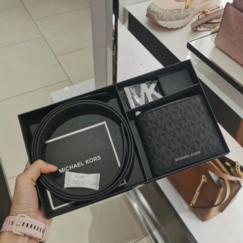 طقم محفظه مع حزام رجالي طباعة الحروف لون رمادي