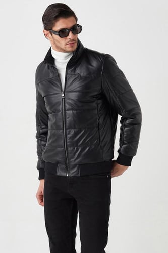 سترة منتفخة للرجال من الجلد الطبيعي باللون الأسود...