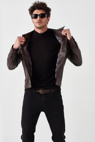 سترة رياضية للرجال من الجلد الطبيعي باللون البني م...