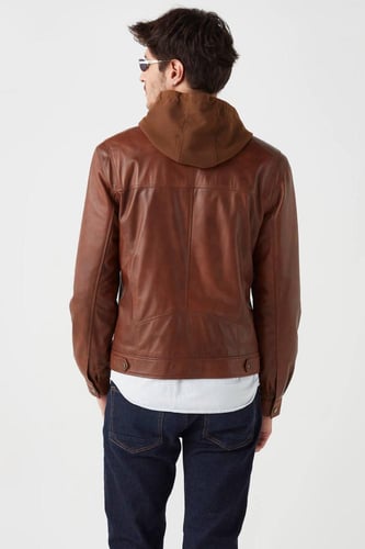 معطف بغطاء للرأس من الجلد الطبيعي للرجال من DERIZA...