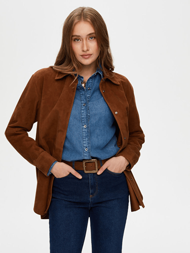 جاكيت قميص من جلد الغزال الطبيعي - لون هافان (جملي...