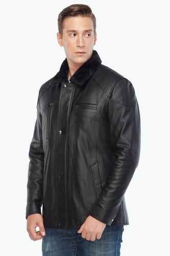 معطف جلد طبيعي من الفرو الأسود من DERIZA -أصلي