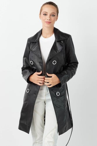 معطف أسود من الجلد الطبيعي للنساء من DERIZA - أصلي