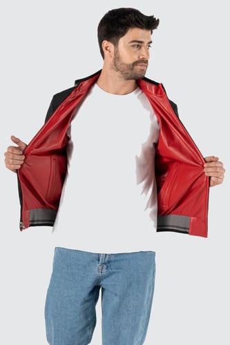 معطف جلد أحمر مزدوج الجوانب من الجلد الطبيعي من DE...