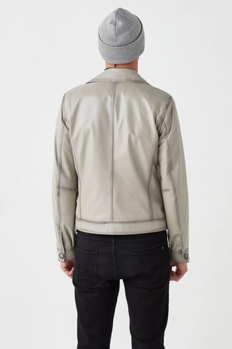 سترة رياضية رجالية من الجلد الطبيعي باللون البيج م...