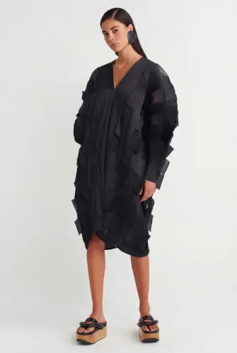 فستان مطوي ميدي - أسود - إطلالة عصرية أنيقة - قطعة...