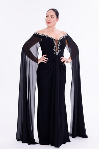 فستان سهرة كريب بفيونكات - إطلالة حورية البحر السا...