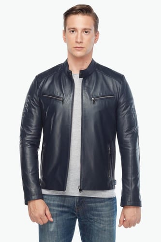 سترة جلدية رياضية للرجال باللون الأزرق الداكن من D...