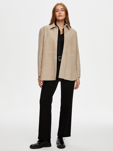 جاكيت قميص من جلد الغزال الطبيعي - بيج فاتح - فخام...