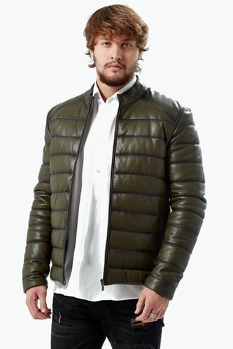 معطف جلد منتفخ للرجال باللون الأخضر من DERIZA - أص...