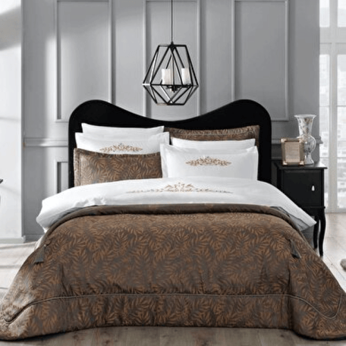 طقم مفرش ولحاف زفاف قطن - بني مشجر - لمسة عصرية لغ...