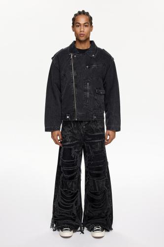 جاكيت دنيم أسود – عصري ومريح – ياقة مزدوجة وإغلاق...