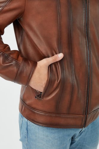 معطف جلد طبيعي روكو تان مصبوغ من DERIZA - أصلي