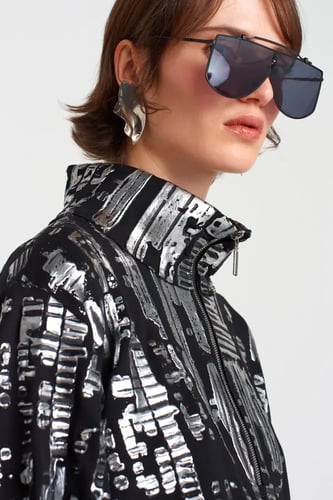 فستان نسائي قصير أسود منفوش بنقشة فضية - تصميم عصر...