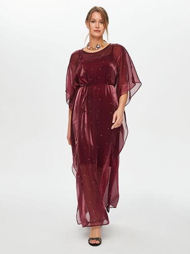 فستان سهرة عنابي أورجانزا طويل بتفاصيل كريستالية و...