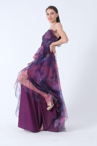 فستان نسائي شيفون بنفسجي مزركش من feminist - أصلي