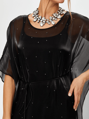 فستان سهرة طويل أورجانزا بحزام فصوص لامعة - لإطلال...