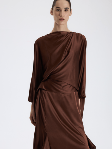 فستان ساتان درابيه ملكي - بني شوكولاتة - أناقة محت...