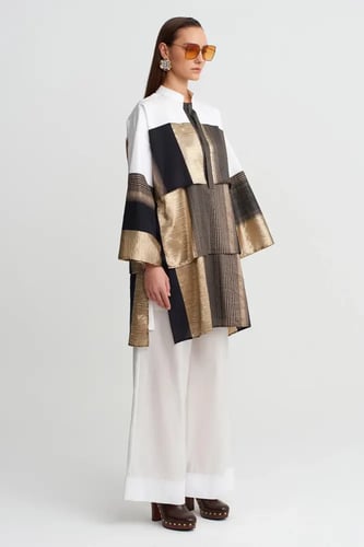 بلوزة تونيك كبيرة الحجم بتصميم مرقع باللونين الأسو...