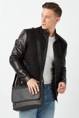 معطف جلد التمساح المطبوع من جلد الغزال الأسود من D...