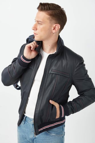 مزخرف جلد طبيعي للرجال معطف الأزرق الداكن من DERIZ...