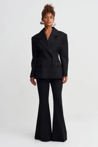 جاكيت أسود ضيق مزدوج الصدر - أسود - إبراز القوام ب...