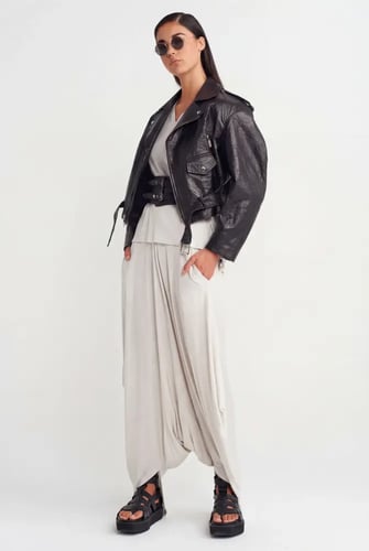 جاكيت نسائي راكب دراجة نارية جلد صناعي أسود بحزام...