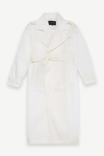 معطف ترنش طويل بأكمام طويلة أبيض – أنيق ومريح – حز...