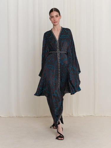 فستان قفطان شيفون مشجر بتطريز خرز يدوي - لون كحلي...