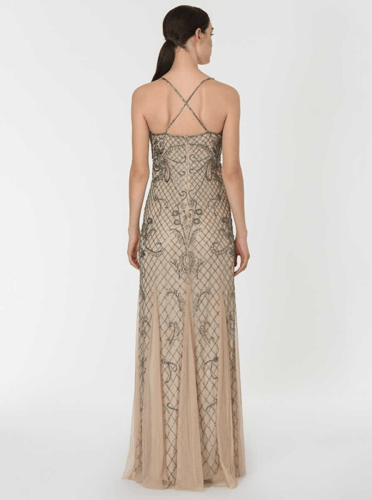 فستان تول طويل مزين بالخرز بلون الشمبانيا - ROMAN...