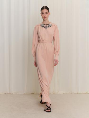 فستان سهرة جاكار ناعم بتطريز كريستال فخم - لون ورد...