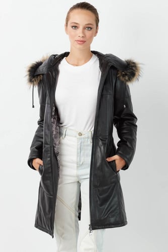 معطف جلد طبيعي مقنع للمرأة من DERIZA - أصلي