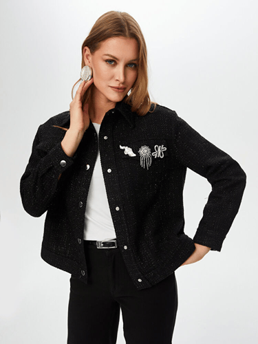 سترة رياضية لامعة ببروش أحجار الراين - أسود براق -...