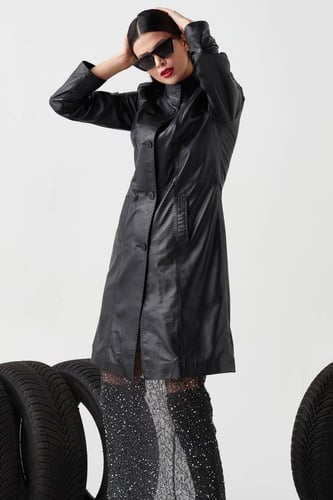 معطف للسيدات من الجلد الطبيعي باللون الأسود من DER...