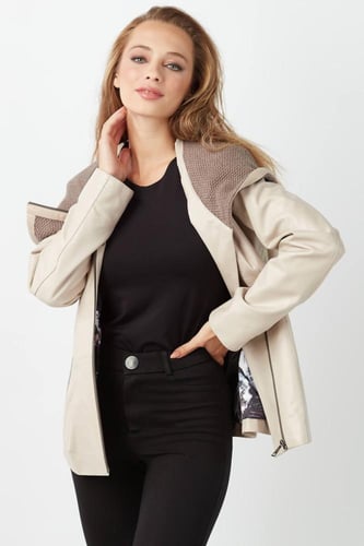 معطف جلد طبيعي لون بيج للمرأة من DERIZA - أصلي