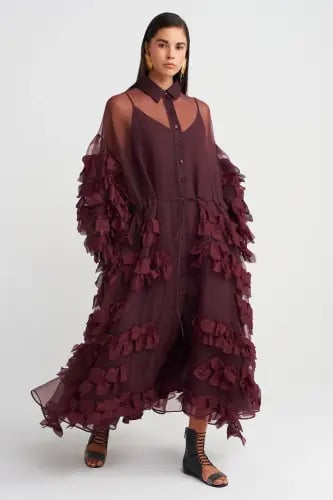 فستان طويل متعدد الطبقات من الأورجانزا - عنابي - إ...