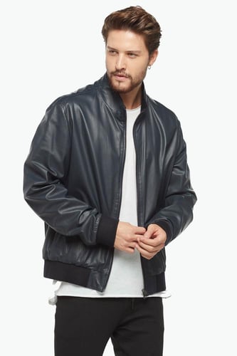 معطف جلدي ذو وجهين على طراز الكلية باللون الأزرق ا...