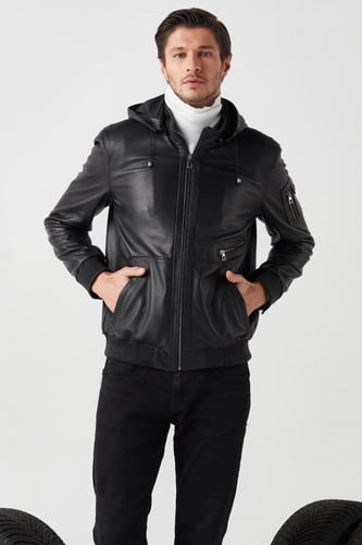 معطف جلد أسود جامبو مقنع للرجال من DERIZA - أصلي