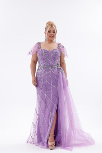 فستان سهرة أرجواني فاتح مزين بنقوش حجرية -لإطلالة...