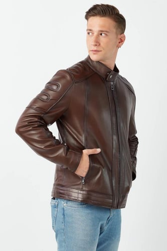 معطف جلد طبيعي للرجال صباغة الكستناء من DERIZA -أص...