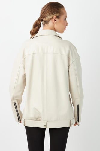 معطف نسائي من الجلد الطبيعي باللون البيج كبير الحج...