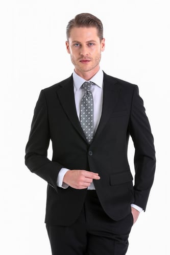 بدلة كلاسيكية سوداء تلبيس رشيق بياقة مستقيمة وياقة...