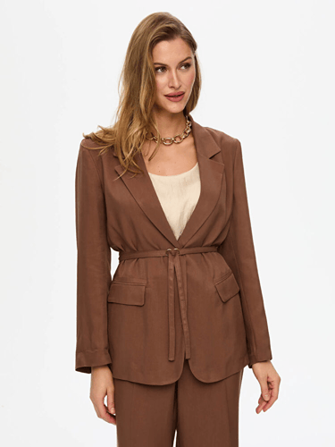 جاكيت تينسل نصف مبطن بحزام خصر - بني شوكولاتة - نع...