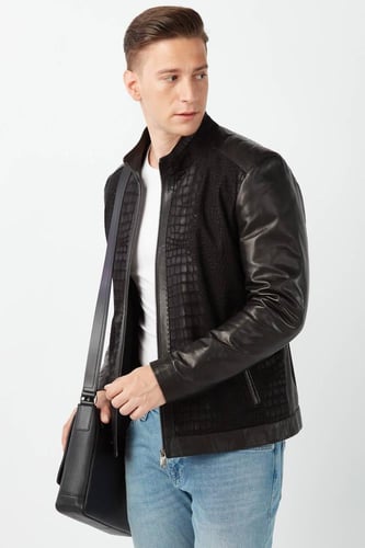 معطف جلد التمساح المطبوع من جلد الغزال الأسود من D...