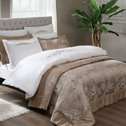 طقم مفرش عرايس قطن مطرز - بيج ورصاصي - 7 قطع - Taç...