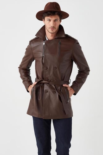 معطف بونو من الجلد البني للرجال من DERIZA - أصلي