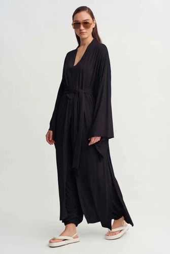 كيمونو طويل برباط - أسود - أناقة خالدة ومريحة - قط...