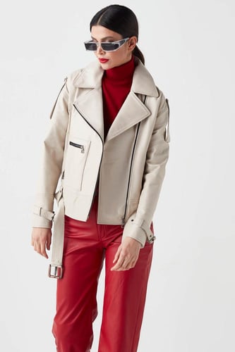 معطف جلد طبيعي للنساء بيج من DERIZA - أصلي